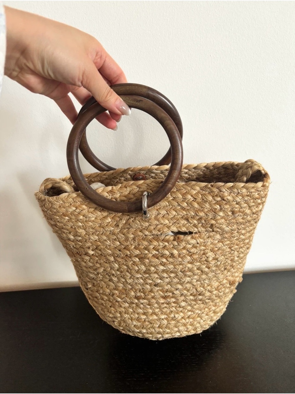Zara Natural Straw Tote with Dark Wood Ring Handles - Picture 3 of 4